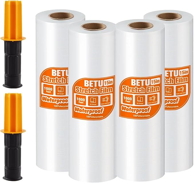 BETU Plastic Wrap Stretch Film for Moving Supplies 15inch X 1000ft, Shrink Wrap Stretch Roll Industrial for Furniture Wrapping Shipping Pallet Moving Boxes Storage with Handles, 4 Pack, Clear