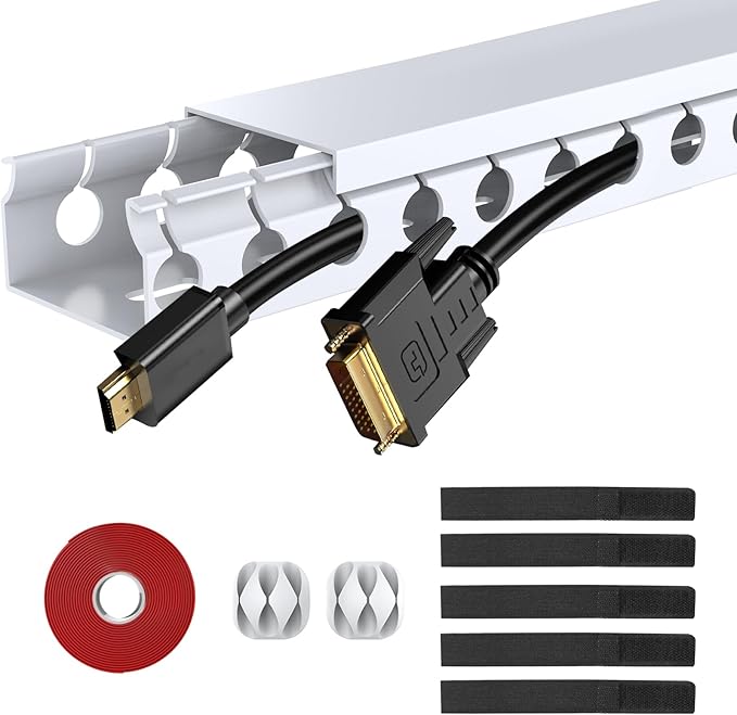 Updated White Cable Raceway Kit, 155（10x15.5） inch Open Slot Wire Covers for Cords, Cable Management System to Hide Under Desk/TV/Computer/Net/Power Cords(Pack 10)