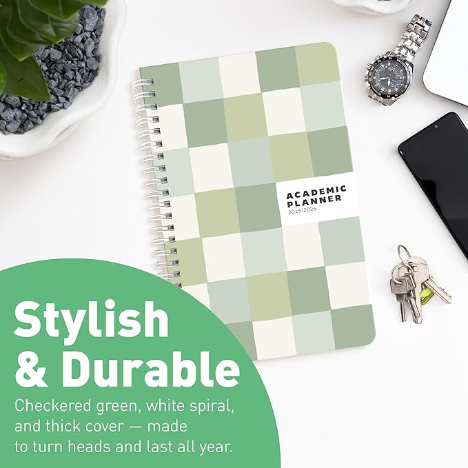 Sweetzer & Orange Academic Planner 2025-2026 – Student Planner for August 2025 to July 2026 – Weekly & Monthly Layout – Sturdy Cover & Stickers – Checkered Green Design – 5.5” x 8.5”