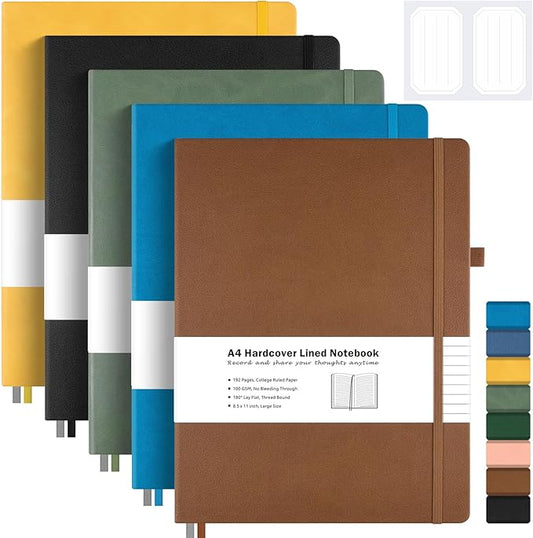 5 Pack College Ruled Notebook, A4 Hardcover Leather Notebook for Work, Lined Notebook Journal for Women, Men, 192 Thick Paper, 8.5" x 11", Large Notebook, Professional Business Notebook, Multicolor