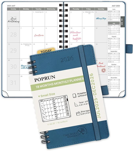 POPRUN Monthly Planner 2025-2026 Pocket Size (4" x 6.25") 18 Months Calendar (Jul 2025 - Dec 2026) - 4 Pages per Month with Monthly Expense & Notes, Sunday Start, Leather Cover - Night Sky Blue
