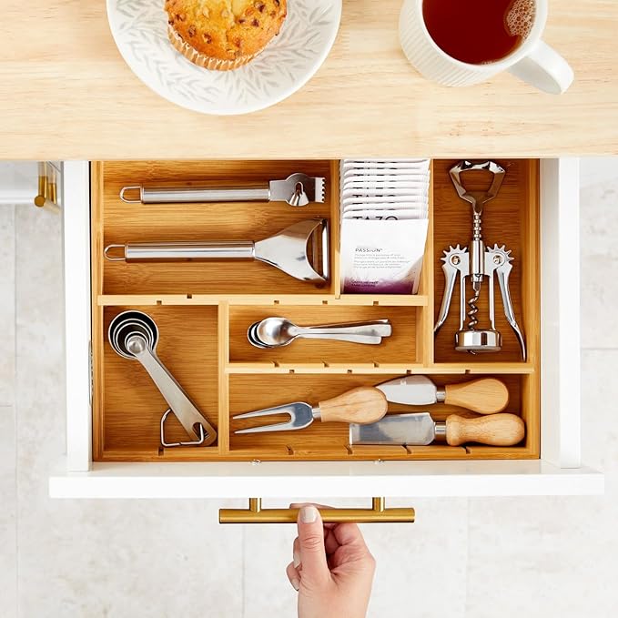 Juvale Drawer Organizer Tray - 8-Slot Drawer Divider for Utensils - Versatile Silverware Holder - Desk Tray for Office Supplies - 14 x 10 x 2 in, Brown, Bamboo