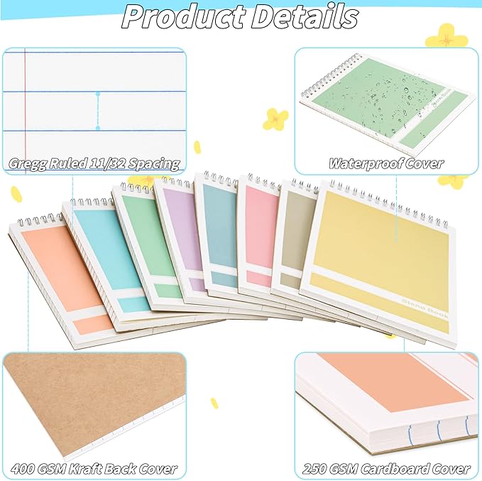 24 Pack Steno Pads 6 x 9 in Spiral Top Notebook Bulk 8 Assorted Color Note Pad 60 Sheets Gregg Rule Writing Paper Steno Notebooks for Students Teachers Men Women Professionals Office School Recording