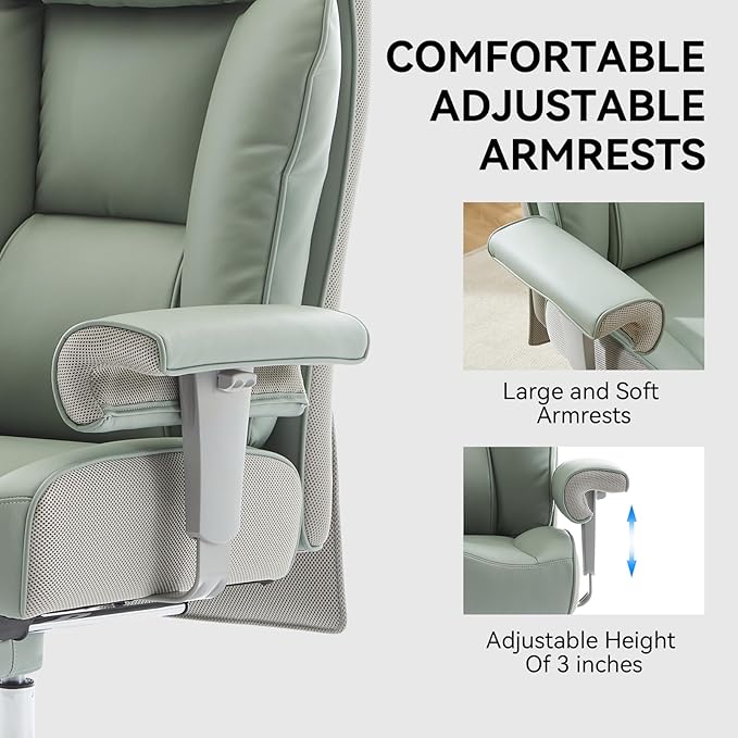 Efomao Big and Tall Green Office Chair 450LBS – Ergonomic High-Back Executive Chair with Footrest, Adjustable Padded Armrests, PU Leather Computer Chair with Lumbar Support for Home or Office，Green