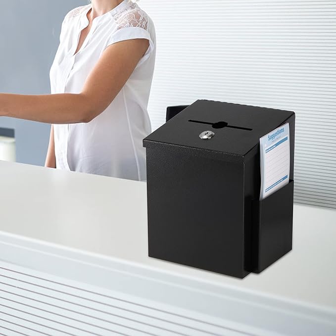 TOPZEA Suggestion Box with Slot and Lock, Wall Mounted Ballot & Donation Box, Metal Comment Collection Box Key Drop Box with 50 Free Suggestion Cards for Office, Hotel, Church, Black, 9"x 7.4"x 6"