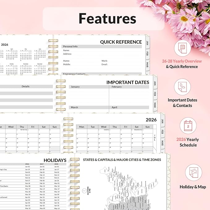 SUNEE Planner 2026 Weekly and Monthly, January 2026-December 2026, 6.4"x8.3", Tabs, Note Pages,Spiral Binding, Colorful Flowers