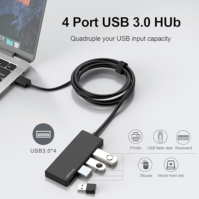 USB Hub, Multiport USB Splitter Adapter, 2 ft Long Cable USB 3.0 Hub, USB Extender for Laptop, PC, iMac, Surface Pro, MacBook, Mac Pro, Flash Drive, XPS, Mouse, HDD