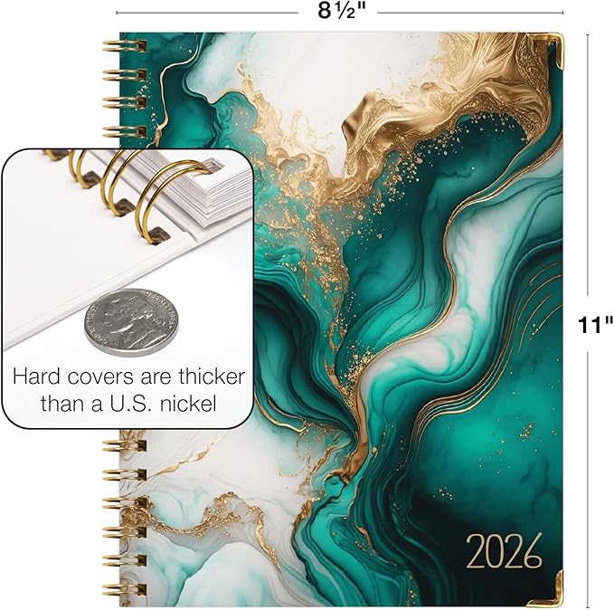 HARDCOVER 2026 Planner, 8.5"x11": 14 Months (November 2025 - December 2026), Daily Weekly Monthly Planner, Yearly Agenda, Bookmark, Pocket Folder and Sticky Note Set (Teal Gold Marble)