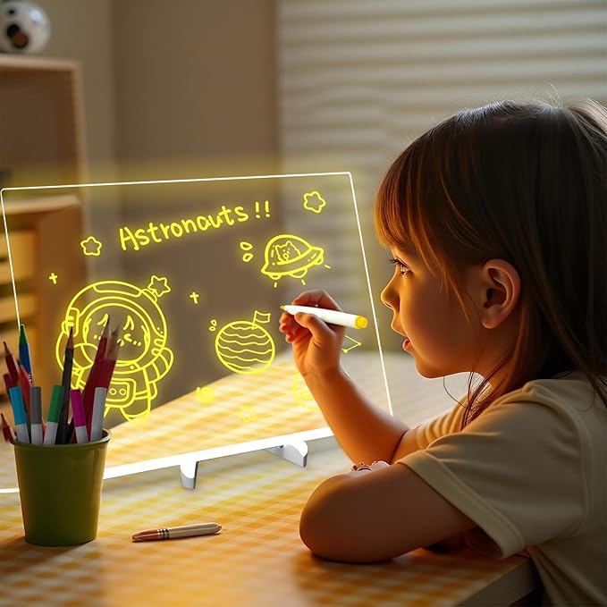 MOUNTCLI 14"x10" LED Note Board with Colors, 7 Modes Glowing Acrylic Dry Erase Board with Light UP Drawing Board LED Glow Message Board with 12 Markers for Kid Adult Xmas Holiday Gifts Room Decor