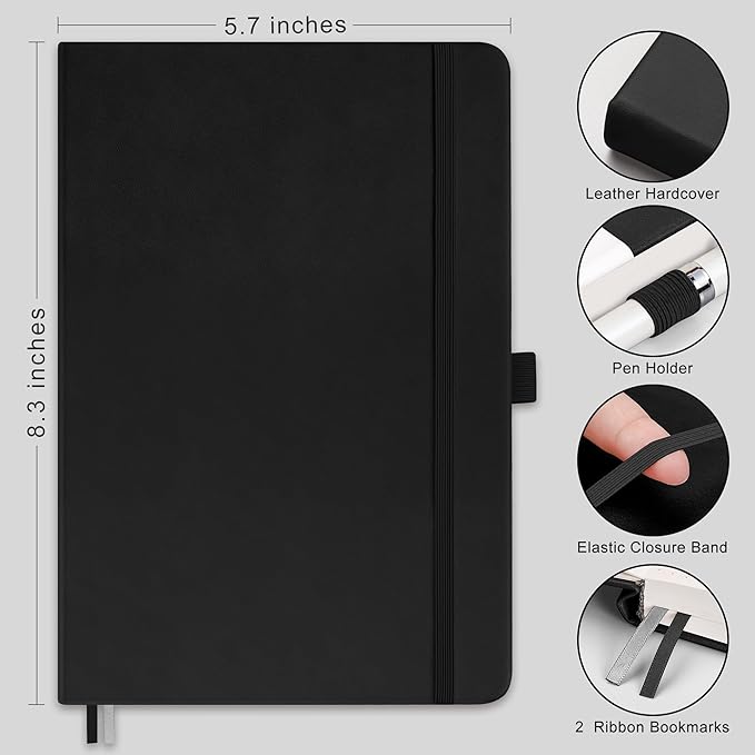 RETTACY Blank Journal Notebook, 2-Pack, 192 Pages per Pack, A5 Medium Size (5.7'' x 8.3''), Leather Hardcover, 100 GSM Thick Paper, for Sketching, Drawing, Painting (Black & Black)