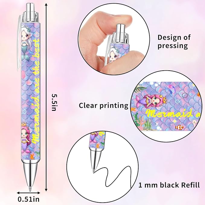 Mermaid Pens for Girls – Cute Mermaid-Themed Ballpoint Pen Set for Kids, Teens, and Ocean Lovers – Fun Stationery Gift for School, Journaling, Drawing, or Writing – 8 Colorful Pens with Smooth Ink
