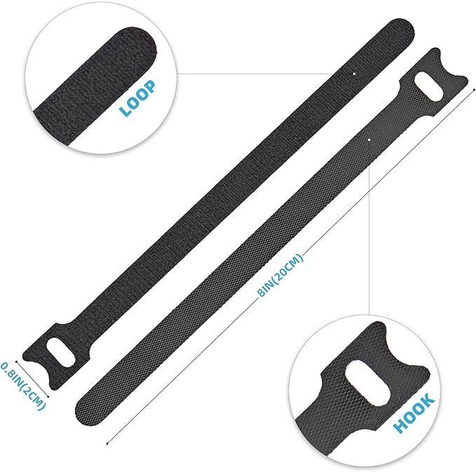 200 PCS Reusable Cable Ties with Hook and Loop, Multi-purpose Adjustable 8 Inch Cable Management Wire Ties Cable Straps for Organizing Home, Office and Data Centers (Black)