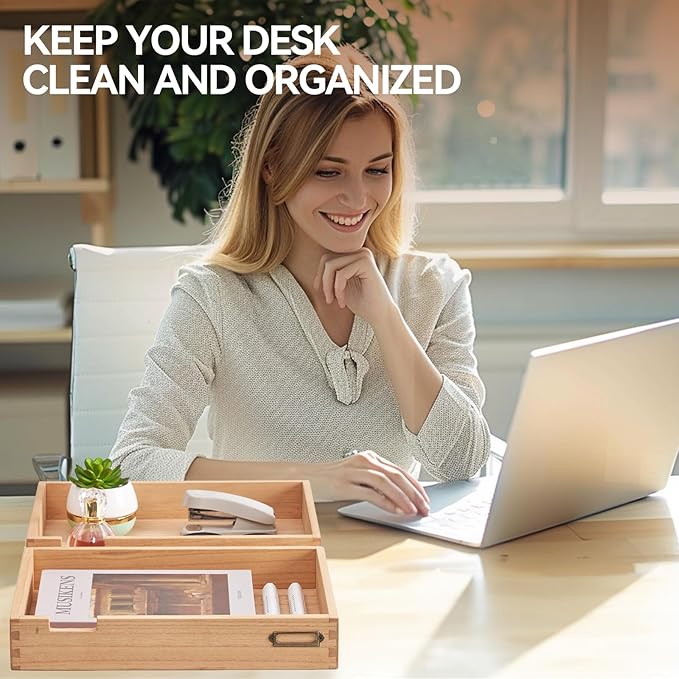 KIRIGEN Wood Desk Organizer Set of 2 Stackable Paper Tray Desktop Document Storage Wooden Letter Trays 2TTP-NA