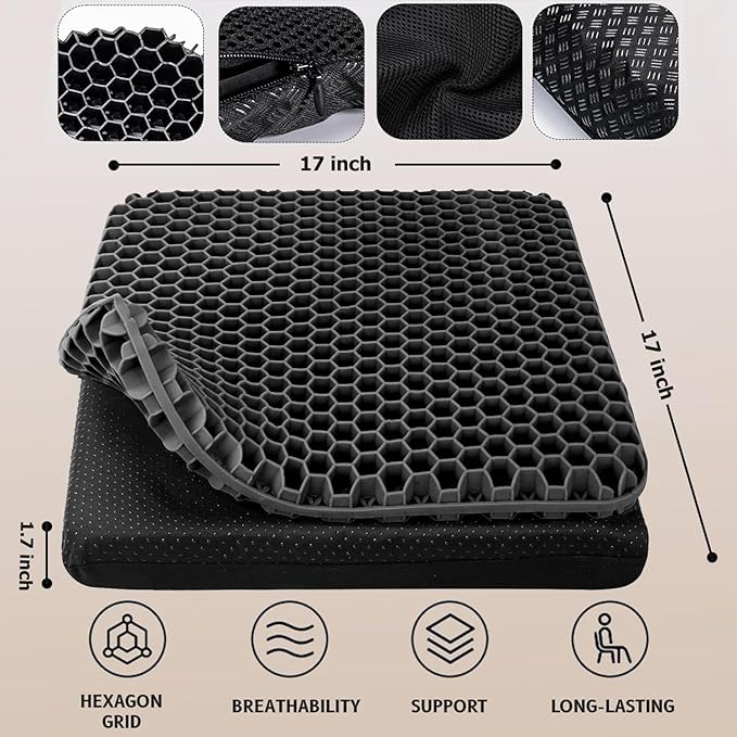 Extra Large Gel Seat Cushion, 17x17inch Double Thick Egg Gel Cushion for Pressure Pain Relief, Breathable Wheelchair Cushion Chair Pads for Car Seat Office Chair (Black)