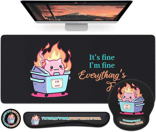 HAOCOO 4-in-1 Cute Desk Mat Set, Ergonomic Mouse Pad with Gel Wrist Rest, Memory Foam Keyboard Wrist Rest for Pain Relief, Desktop Protector Coaster, Comoputer Pads with Non-Slip Base(Black)