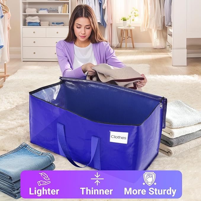 8 Pack Moving Storage Bags Heavy-Duty with Zippers and Reinforced Handles, Moving Supplies Packing Boxes for Moving, Storing, Saving Space, Blue Plastic Storage Totes 93 L(24 Gallon)