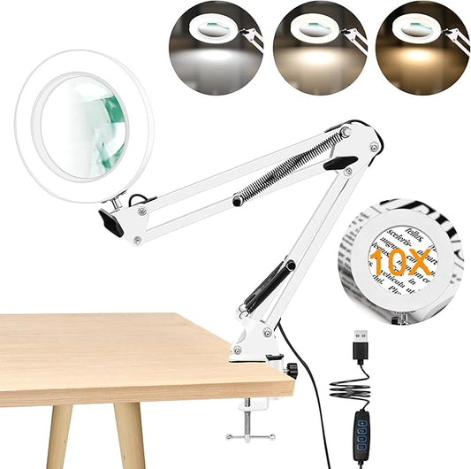10X Magnifying Glass with Light and Clamp, 2-in-1 LED Magnifier Desk Lamp, 3 Color Modes 10 Level Dimmable, Hands-Free Lighted Magnifier for Craft Repair Nail Reading Close Works (White, Clamp)