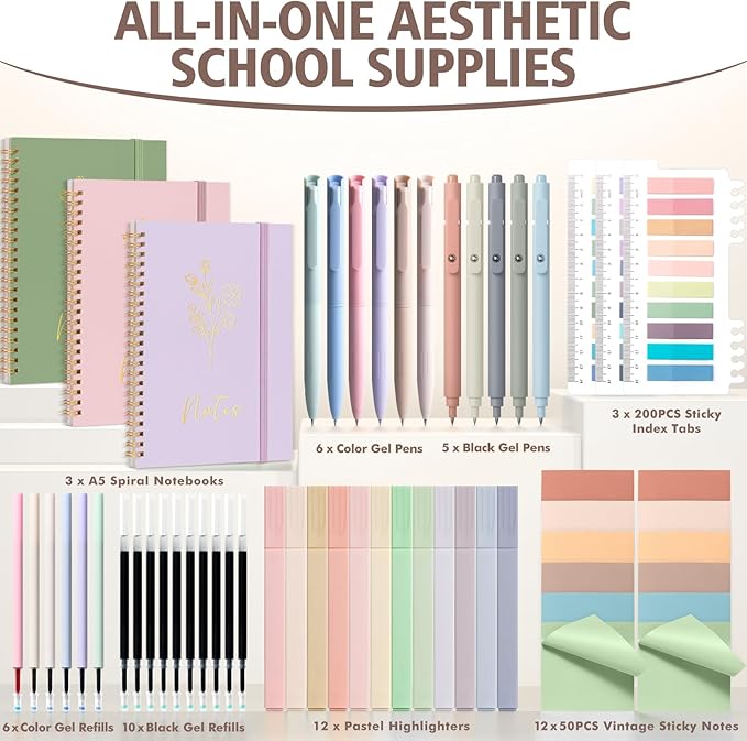 58PCS Aesthetic School Supplies, Cute College Ruled A5 Spiral Notebook Stationary Set Back to School Supplies Bible Study Kit Office College Essentials with Pastel Highlighters for Women Student Girls