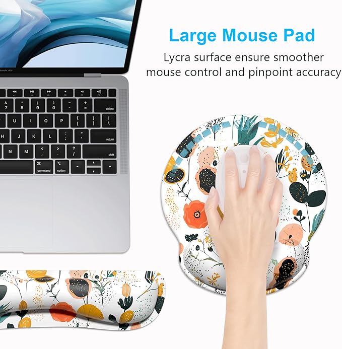 Dapesuom Keyboard Wrist Rest and Mouse Pad with Wrist Support, Memory Foam Cushion for Keyboard and Mouse Set, Ergonomic Desktop Pad Rests with Non Slip Base for Easy Typing & Pain Relief, Cute Herbs