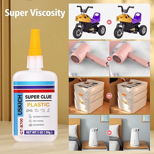 Super Glue for Plastic with Anti Clog Cap. 6 x 1 fl oz,Plastic Glue- Adhesive CA Glue for Model and Miniature,Suitable for PLA, ABS,PVC,3D Printing,Toys,Legos.Heavy Duty Model Repair Kit, Quick Dry