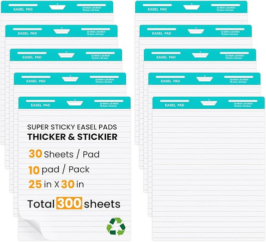 OLenyer Super Sticky Easel Pad, 25x 30IN, Large Self Stick Flip Chart Paper for Office School Classroom Supplies, 30 Sheets/Pad, 10 Pads/Pack, White, Lined