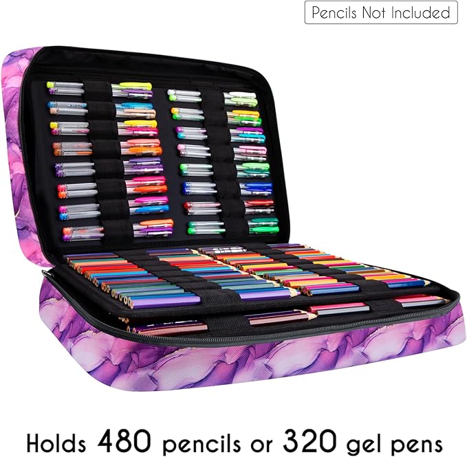 YOUSHARES Big Capacity Colored Pencil Case - 480 Slots large Pen Case Organizer with Multilayer Holder for Prismacolor Colored Pencils & Gel Pen (Marble Purple)