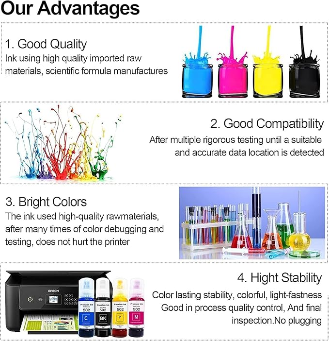 Printers Jack 522 Ink Refill Ink Bottle Kit Compatiable with T522 and Supertank ET-2800 ET-4700 ET-4800 ET-2710 ET-2720, ET-2803 Printer, (2BK C M Y)