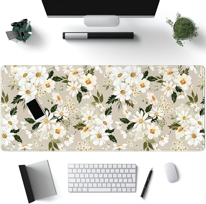 Daisy Floral Daisies Large Mouse Pad Watercolor Flowers Desk Mat, Washable Mousepad LYC Cloth Stitched Edges Women Girls Gaming Mousepad Computer Pc Laptop Desk Mat 31.5 X 11.8 in