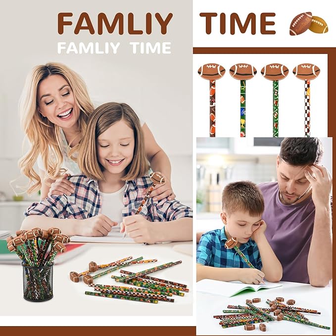 48 Pcs Football Pencils and Erasers for Football Theme Birthday Gifts Assortment Stationery Pencils for Students Office School Classroom Supplies.