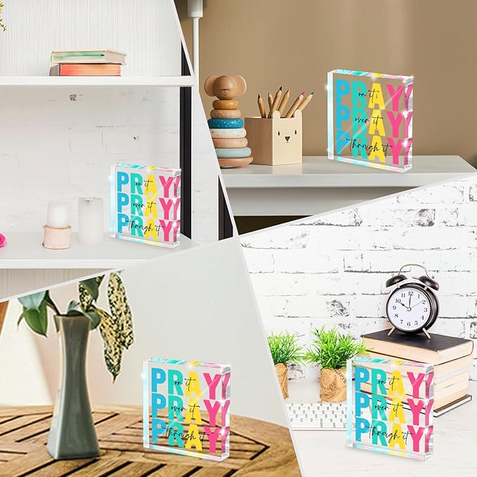 Multicolor Dorm Room Decor for Women, Office Decor for Women, Christian Gifts Desk Bedroom Bible Verse, Desk Decorations for Office, Pray on It Over It Through It, 4 x 4 inch