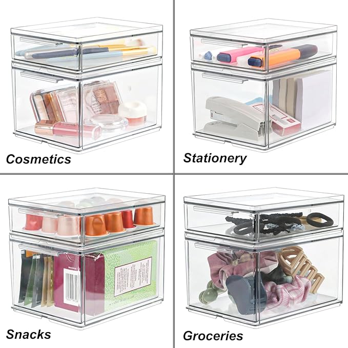Set of 2 Stackable Storage Drawers - 6.7" Clear Plastic Drawer Storage, Acrylic Makeup Organizer, Desk Counter Cabinet Office Organizer, Bathroom Organizers and Storage (Modern/Set of 2)