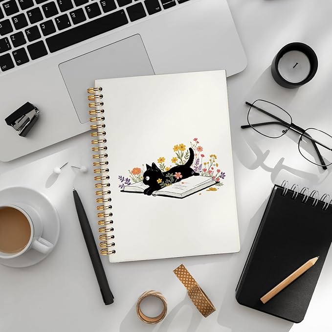 Cat Notebook Journal for Teen Girls, Black Cats Floral Book Spiral Notebook for School Supplies, Cute Notebooks for School Aesthetic, Cat Lover Gifts for Women Men & Girls 5.5x8.3 Inch