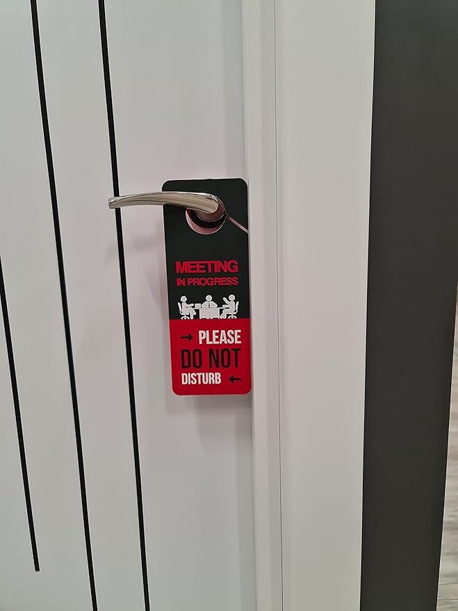 Business Design, Meeting In Progress Do Not Disturb Door Hanger Sign, 2 Pack, Double Sided, Ideal for Offices, Online Sessions and Meetings, Online Classes, Home Offices, Counseling