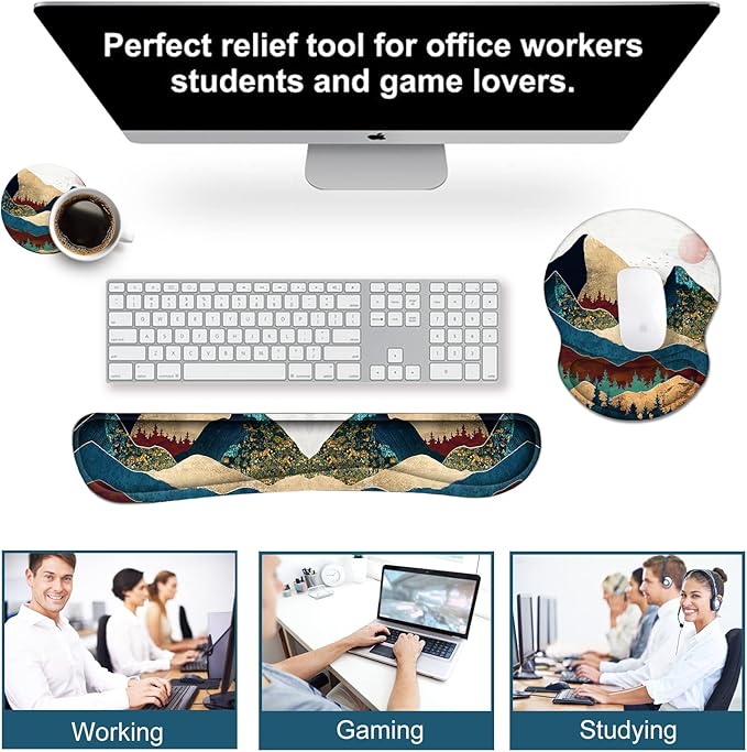 ArtSo Mouse Pad Keyboard Wrist Rest Support Ergonomic, Upgraded Cushion Mousepad Gel Memory Foam Non-Slip Rubber Base Pain Relief & Easy Typing for Home,Office, Colorful Mountain
