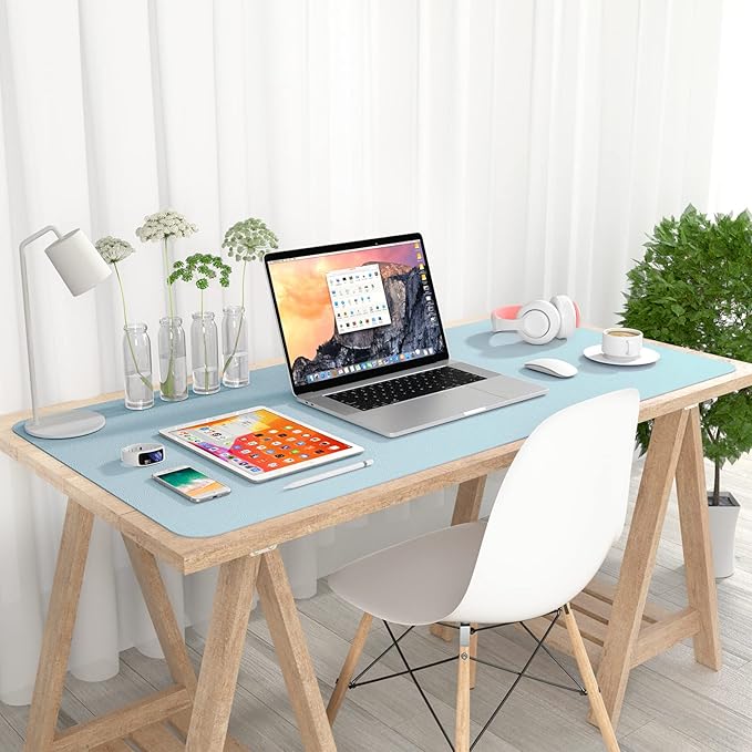 Hsurbtra Desk Pad, 35.5" x 17" PU Leather Desk Mat, XXL Extended Mouse Pad, Waterproof Desktop Blotter Protector, Non-Slip Ultra Thin Large Laptop Keyboard Writing Mat for Office Home, Lake Blue