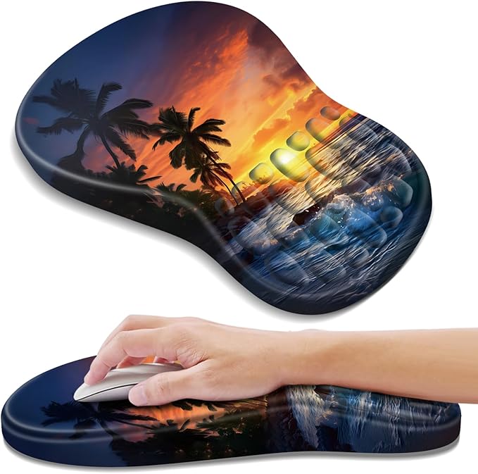 YIWEI Ergonomic Mouse Pad with Wrist Rest Support, Mousepad with Comfortable Memory Foam Wrist Rest and Non-Slip PU Base for Pain Relief, Computer, Laptop, Office, Home (Sunset Beach)