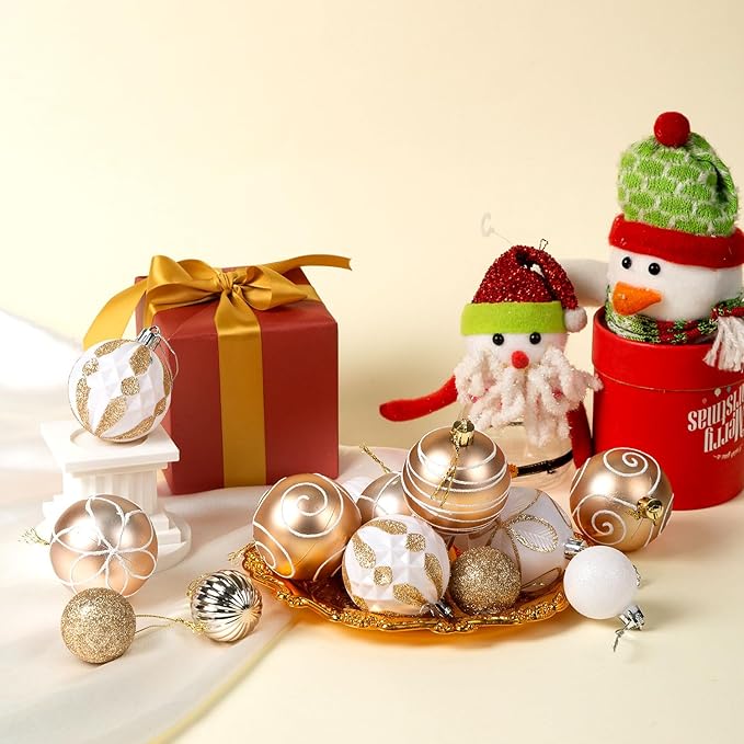 100Pcs Elegant Christmas Balls Set Christmas Tree Ornaments with Glitter and Patterns Bulk Ornaments for Tree as Festive Christmas Decor Xmas Ball Set Champagne White