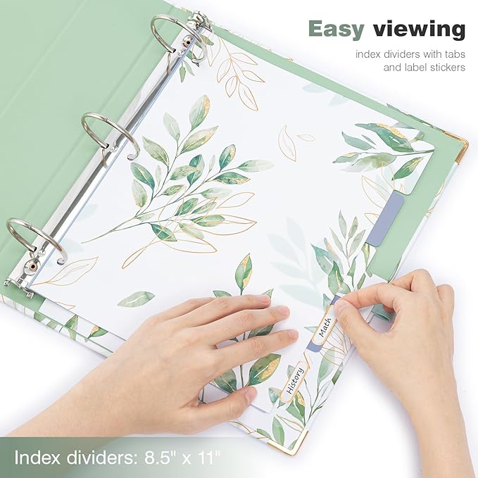 Ospelelf Binder 3 Ring 2 Inch, Green Floral Round Ring Clipboard Binder with 5 Tab Dividers for Letter Size Documents, for School and Office Supplies, Greenleaf
