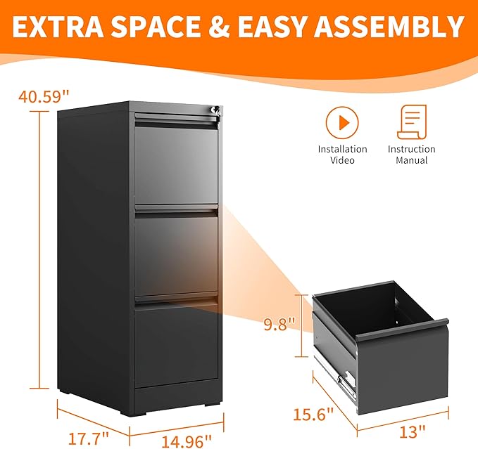 Metal File Cabinet with Drawer Heavy Duty Locking File Cabinets Home Office Steel Filing Cabinet Vertical File Cabinets for Legal/Letter Size File,Assembly Required