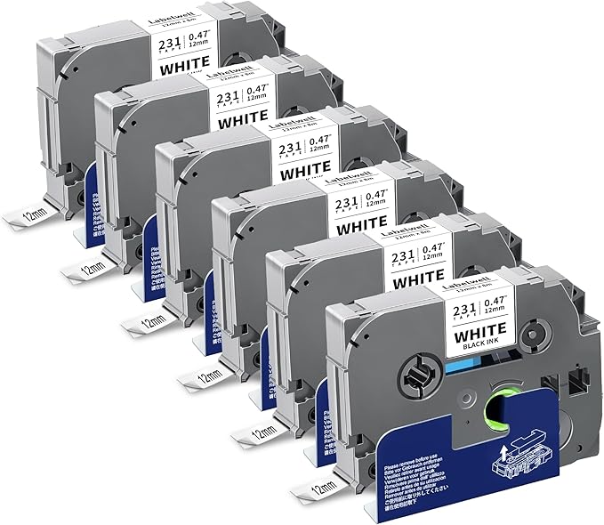 6-Pack TZe-231 TZ Tape 12mm 0.47 Laminted White Compatible for Brother Ptouch Label Maker Tape TZe231 TZe-2312pk TZ-231 Refills for P Touch PT-D210 PTD220 H110 D610BT D400, 1/2" x 26.2 ft