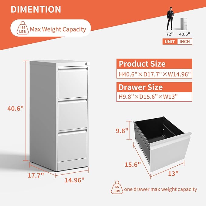 3 Drawer File Cabinet with Lock,Metal Filing Cabinets for Home Office,Steel Vertical File Cabinet,Heavy Duty Metal Storage Cabinet for A4/Letter/Legal Size Files,Assembly Required