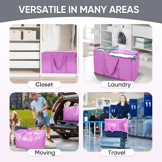 TICONN 6 Pack Extra Large Moving Bags with Zippers & Carrying Handles, Heavy-Duty Storage Tote Moving Boxes for Space Saving (6 Pack, Pink)