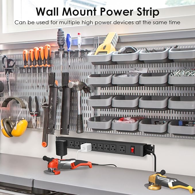 JUNNUJ Multi Angle Mount 10 Outlet 20 Amp Power Strip Heavy Duty, 2700J Surge Protector Under Desk with Switch 20A, Garage Workbench Gaming Outlet Table Wall Mountable, 3FT 12AWG Extension Cord