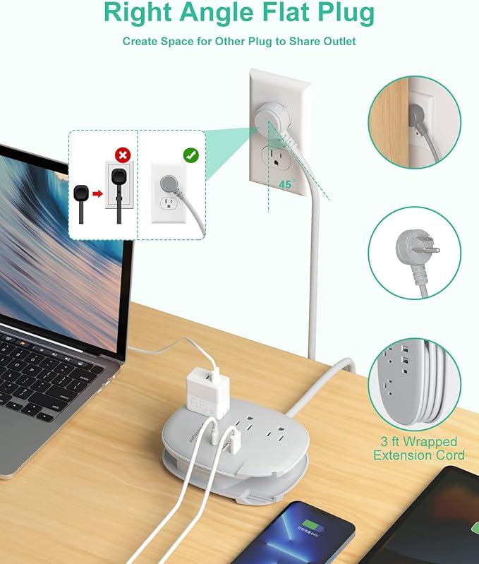 Alitayee USB C Portable Travel Power Strip with 3 Outlets 3 USB Ports Fast Charge, USB Extendable Outlet Extender with Flat Plug and 3ft Wrapped Around Extension Cord for Cruise Travel Home Office