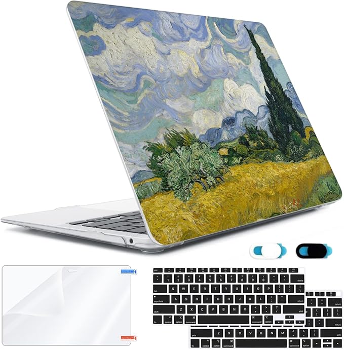 Compatible with MacBook Air 13 inch Case 2022 2021 2020-2018 Release M1 A2337 A2179 A1932 with Touch ID, Hard Print Case + Keyboard Skin + Webcam Cover + Screen Protector, Landscape