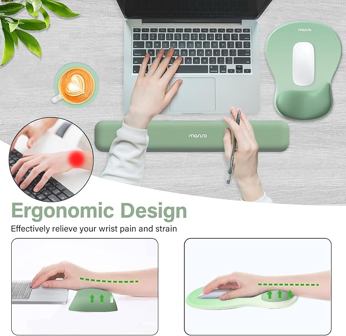 MOSISO Wrist Rest Support for Mouse Pad&Keyboard Set, Ergonomic Mousepad with Concave Curved Memory Foam, Non-Slip Base Pain Relief Comfortable Rectangular Easy Typing Pad for Home/Office, Green