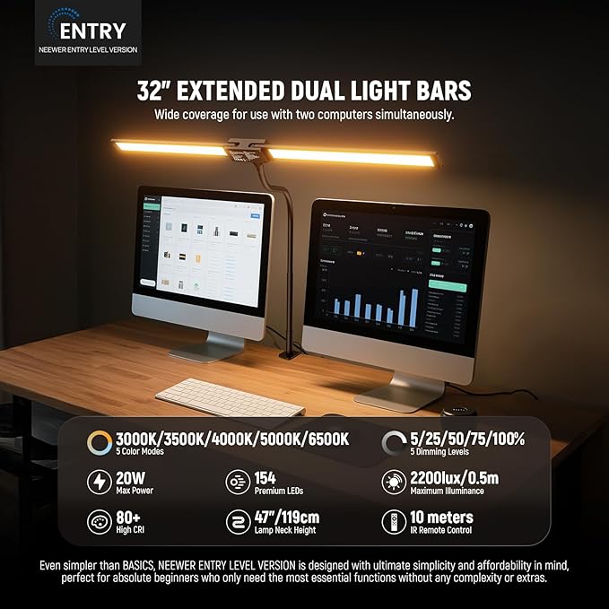 NEEWER Entry Level Version 32" LED Desk Clamp Lamp for Home Office & Dorm, 20W Dual Computer Monitor Architect Light Bar, Flexible Overhead 2200lux/Remote/5 Modes CRI80+ for Designer Drafting, N21