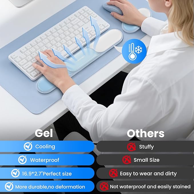 TECKNET Silicone Gel Wrist Rest for Computer Keyboard, Ergonomic Clear Gel Keyboard Wrist Rest Set for Typing Pain Relief, Comfortable Cool-Touch Wrist Support Pad for Office, Gaming, Study, Blue