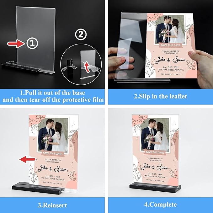 Acrylic Sign Holder 5x7, 6-Pack Plastic Clear Vertical Double-Sided Menu Display Stand with Double-Sided Display, Perfect for Restaurants, Offices, Exhibits