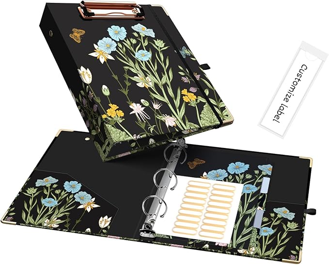 Ospelelf Mini Binder 3 Ring 1 Inch, Floral Round Ring Clipboard Binder with 5 Tab Dividers, File Folder Labels, for School and Office Supplies